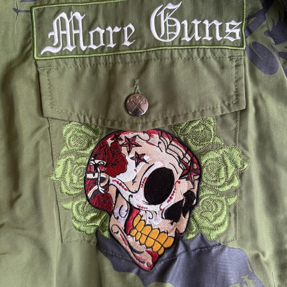 Canvas Bomber Jacket Mens 3XL Green Skull Guns Graphic Biker Goth - Picture 4 of 12